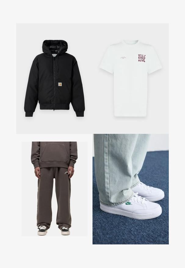 Zwarte Carhartt hoodie met rits aan de voorkant, kangoeroezak, geribde manchetten en logopatch op de zak.; Wit katoenen T-shirt met rode "NIKE"-opdruk en tekst op de linkerborst. Korte mouwen en een ronde hals, gladde textuur.; Donkergrijze hoodie met een kangoeroezak, gecombineerd met bijpassende losse joggingbroek met een wit logo op de linker bovenbeen.; Witte leren sneakers met groen Nike-logo, ronde neus, platte zool, gedragen met lichtblauwe denim broek, weergegeven op een blauwe vloerkleed.