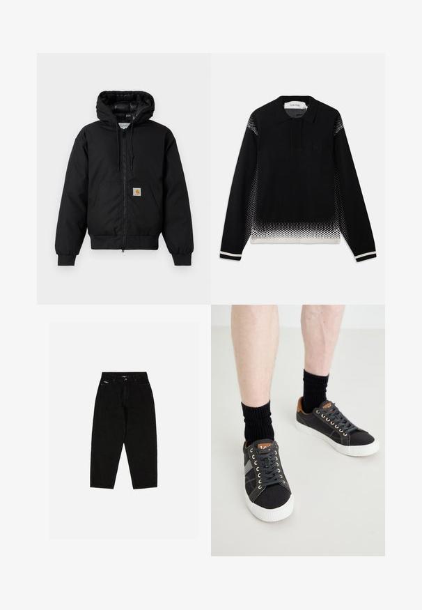 Schwarze Carhartt Kapuzenjacke mit Frontreißverschluss, Kängurutasche, gerippten Bündchen und Logopatch auf der Tasche.; Schwarzer Langarm-Polo-Pullover mit weißem punktiertem Farbverlauf an den Seiten, am unteren Saum und an den Ärmelbündchen, mit einem kleinen Logo auf der Brust.; Schwarze Jeans aus Denim mit hohem Bund, geradem Bein und dezentem Logo auf der vorderen Tasche. Verfügt über klassischen Fünf-Taschen-Style.; Graue Canvas-Sneaker mit weißen Gummisohlen, schwarzen Schnürsenkeln und braunen Lederakzenten an der Ferse, kombiniert mit schwarzen gerippten Socken.
