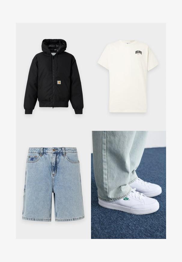 Casaco com capuz Carhartt preto, com fecho na frente, bolso tipo canguru, punhos canelados e patch do logo no bolso.; T-shirt de algodão na cor creme com mangas curtas, apresentando "NIKE SB" em texto preto e vermelho no peito. Gola redonda padrão.; Shorts de denim azul claro com um corte largo, apresentando fecho de botão, bolsos frontais e desvanecimento sutil. Design simples, sem padrões visíveis.; Tênis de couro brancos com logo verde da Nike, bico redondo, sola plana, combinados com calças de denim azul claro, exibidos sobre um tapete azul.