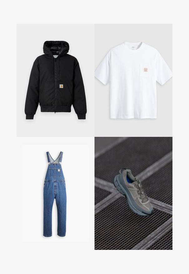 Must värvi Carhartt kapuutsiga jakk, millel on ees viis zipperit, känguru tasku, soonikkoes varrukad ja logo patch taskul.; Valge puuvillane t-särk ümmarguse kaelusega, lühikeste varrukatega ja esipockets koos tikanditud sildiga, millel on helesinised tekst.; Keskmise sinise värvusega teksariidest üleüldised riided, millel on reguleeritavad sangad, eesmine tasku ja metallist riistvarad, lõtv sobivus ja sirge jalgade disain.; Beige ja hall sportlik king, millel on tekstuuriga võrkpealne, ümar nina ja kummist tald, varustatud paelte ja pehmendatud kraega.