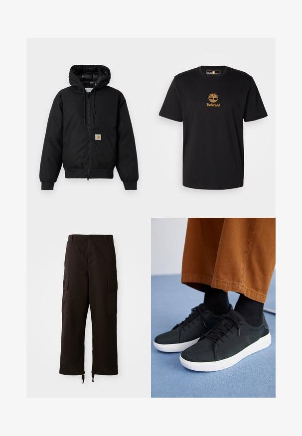 Schwarze Carhartt Kapuzenjacke mit Frontreißverschluss, Kängurutasche, gerippten Bündchen und Logopatch auf der Tasche.; Schwarzes Baumwoll-T-Shirt mit goldenem Baum-Logo und "Timberland"-Schriftzug. Rundhalsausschnitt und kurze Ärmel, mit einer glatten Textur.; Schwarze Cargo-Hosen mit lockerer Passform, ausgestattet mit zwei seitlichen Taschen, einem Knopfverschluss und verstellbaren Kordeln am Saum.; Schwarze Wildleder-Sneaker mit weißen Gummisohlen, mit Schnürdesign, strukturierten Akzenten und dezentem Branding, kombiniert mit braunen Hosen.