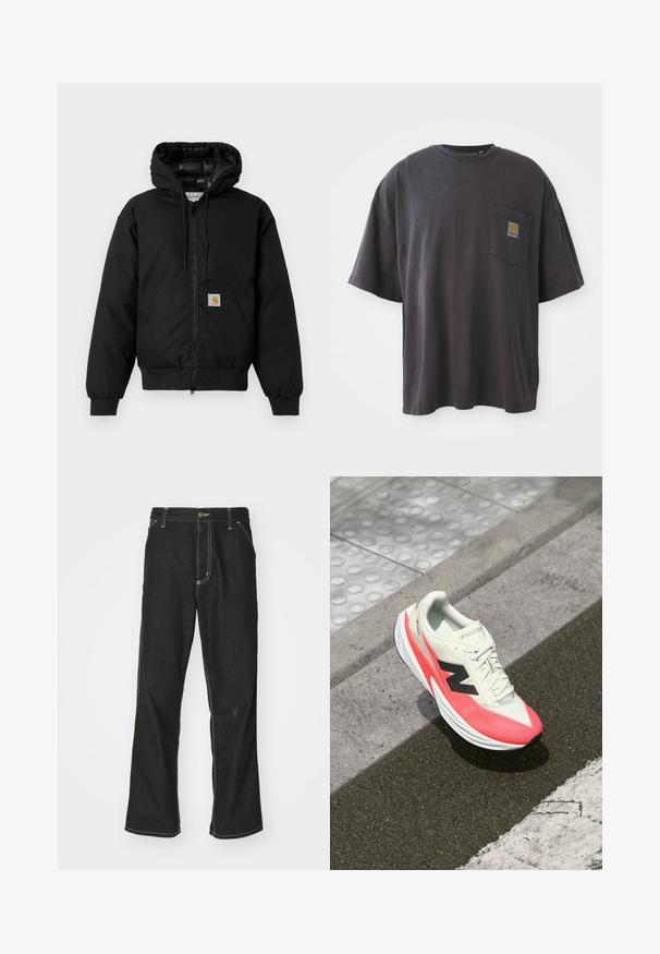 Casaco com capuz Carhartt preto, com fecho na frente, bolso tipo canguru, punhos canelados e patch do logo no bolso.; T-shirt de algodão preto com mangas curtas, decote redondo e bolso no peito esquerdo com um emblema quadrado. Design simples e sem adornos.; Calças de ganga pretas de corte largo, com costuras brancas em contraste, fecho de botão e design de perna reta.; Sapato de corrida leve com um upper em creme, detalhes em rosa e um logótipo preto. Apresenta uma forma aerodinâmica e sola texturizada para tração.