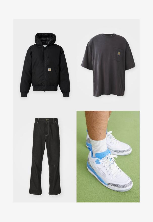 Casaco com capuz Carhartt preto, com fecho na frente, bolso tipo canguru, punhos canelados e patch do logo no bolso.; T-shirt de algodão preto com mangas curtas, decote redondo e bolso no peito esquerdo com um emblema quadrado. Design simples e sem adornos.; Calças de ganga pretas de corte largo, com costuras brancas em contraste, fecho de botão e design de perna reta.; Jordan JORDAN SPIZIKE LOW - Sapatilhas - white/university blue/wolf grey/anthracite