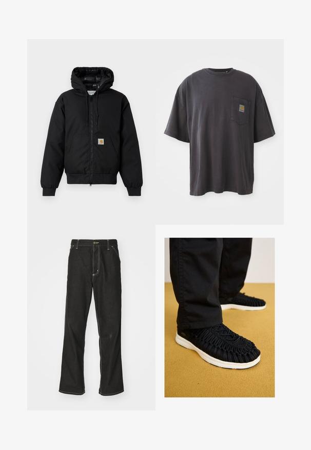 Black Carhartt hooded jacket with front zipper, kangaroo pocket, ribbed cuffs, and logo patch on pocket.; Black cotton t-shirt with short sleeves, a round neckline, and a left chest pocket featuring a square logo patch. Simple and unembellished design.; Black denim jeans with a loose fit, featuring contrasting white stitching, a button closure, and a straight leg design.; Black sneaker with braided fabric upper, round toe, and white sole. Lacing system on top and detailed texture across the body.