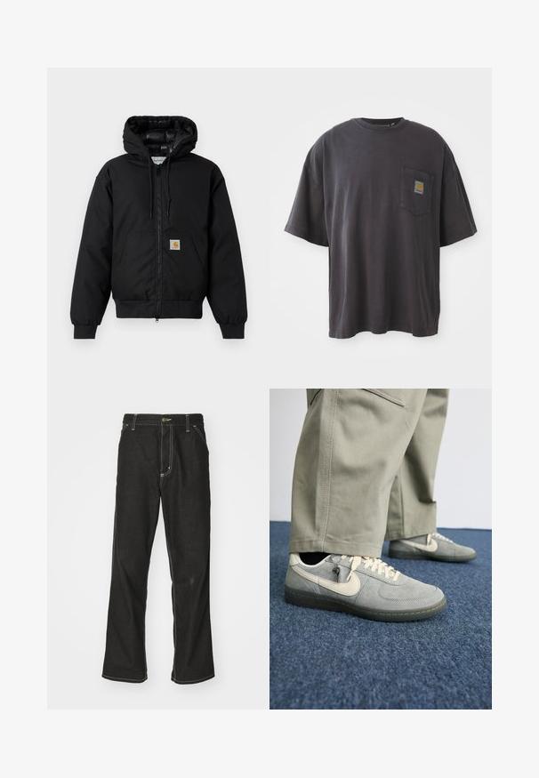 Casaco com capuz Carhartt preto, com fecho na frente, bolso tipo canguru, punhos canelados e patch do logo no bolso.; T-shirt de algodão preto com mangas curtas, decote redondo e bolso no peito esquerdo com um emblema quadrado. Design simples e sem adornos.; Calças de ganga pretas de corte largo, com costuras brancas em contraste, fecho de botão e design de perna reta.; Sapatilhas cinzentas de camurça com um swoosh da Nike em creme, atacadores em creme e uma sola de borracha texturizada, combinadas com calças verde-oliva.