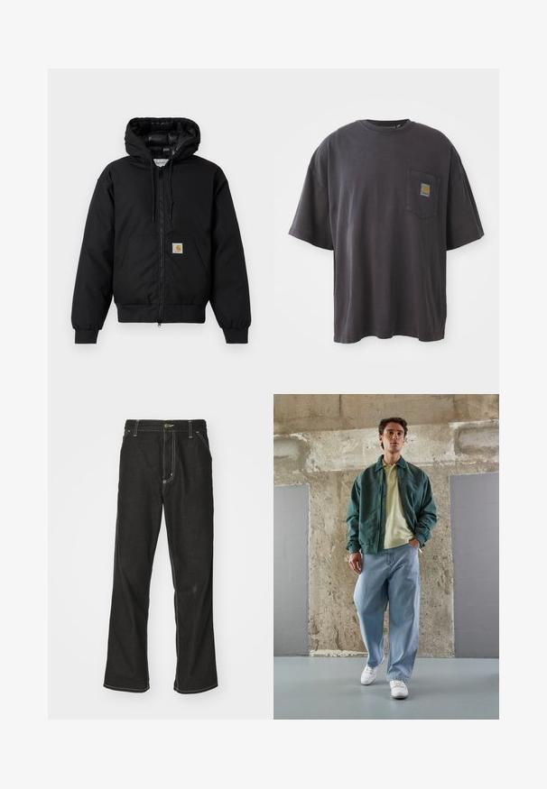 Čierna kapucňová bunda Carhartt s predným zipsom, klokannou vreckom, ribovanými manžetami a logo nášivkou na vrecku.; Čierne bavlnené tričko s krátkymi rukávmi, okrúhlym výstrihom a vreckom na ľavej hrudi s štvorcovou nášivkou loga. Jednoduchý a nenáročný dizajn.; Čierne denimové nohavice s voľným strihom, s kontrastným bielym prešívaním, uzáverom na gombík a rovnými nohavicami.; Zelená bomberová bunda cez svetlo žltý polo tričko, v kombinácii s voľnými modrými džínsami a bielymi teniskami. Hladké látky, uvoľnený strih, minimálny hardware.