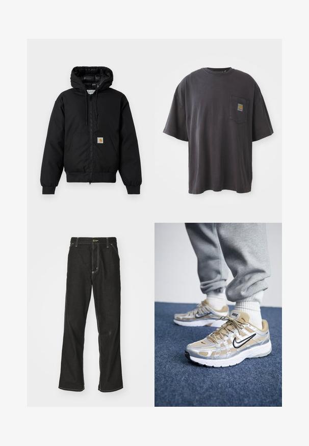 Juodas Carhartt džemperis su gobtuvu, priekiniais užtrauktukais, kengūros kišene, raibstais rankogalviais ir logotipo pleistru kišenėje.; Juodos spalvos medvilnės marškinėliai su trumpomis rankovėmis, apvaliu iškirpimu ir kairėje krūtinės pusėje esančia kišenėle su kvadratine logotipo etikete. Paprastas ir nepuoštas dizainas.; Juodi džinsai su laisvu siluetu, turintys kontrastingas balto siūlo siūles, mygtuko uždarymą ir tiesų kojos dizainą.; Nike bėgimo bateliai su smėlio ir sidabriniu tinkleliu, baltu padu ir juodu swoosh ženklu. Yra raišteliai ir tekstūruoti akcentai, teikiantys palaikymą.