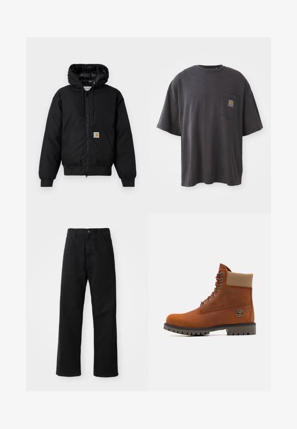 Chaqueta con capucha Carhartt negra, con cremallera frontal, bolsillo tipo canguro, puños de canalé y parche con el logo en el bolsillo.; Camiseta de algodón negra con mangas cortas, un cuello redondo y un bolsillo en el pecho izquierdo con un parche de logo cuadrado. Diseño simple y sin adornos.; Pantalones de mezclilla negros con corte recto, con bolsillos frontales, cremallera y un solo botón en la parte superior. Tejido texturizado con un acabado mate.; Timberland Botines con cordones - medium orange