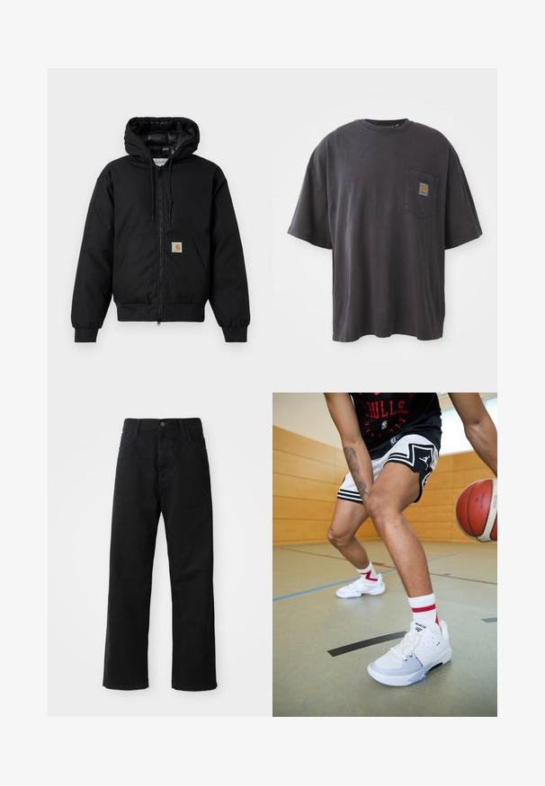 Black Carhartt hooded jacket with front zipper, kangaroo pocket, ribbed cuffs, and logo patch on pocket.; Black cotton t-shirt with short sleeves, a round neckline, and a left chest pocket featuring a square logo patch. Simple and unembellished design.; Black denim pants with a straight cut, featuring front pockets, a zip fly, and a single top button. Textured fabric with a matte finish.; White basketball sneakers with light gray accents, textured mesh panels, and a lacing system, paired with red and white striped socks.