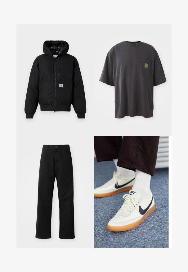 Μαύρο μπουφάν με κουκούλα Carhartt με μπροστινό φερμουάρ, καγκουρό τσέπη, ριμπ μανσέτες και λογότυπο στην τσέπη.; Μαύρο βαμβακερό t-shirt με κοντά μανίκια, στρογγυλή λαιμόκοψη και τσέπη στο αριστερό στήθος που διαθέτει ένα τετράγωνο λογότυπο. Απλός και χωρίς στολίδια σχεδιασμός.; Μαύρο τζιν παντελόνι με ίσια γραμμή, που διαθέτει μπροστινές τσέπες, φερμουάρ και ένα μόνο κουμπί στην κορυφή. Υφασμάτινη επιφάνεια με ματ φινίρισμα.; Αθλητικά παπούτσια Nike από λευκό δέρμα με ναυτικό swoosh, με σόλα από καουτσούκ γόμας και λευκές κορδόνες, συνδυασμένα με λευκές κάλτσες μέχρι τον αστράγαλο και σκούρο παντελόνι καμπάνα.