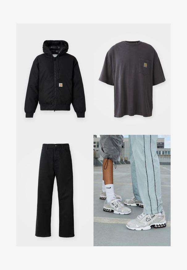 Black Carhartt hooded jacket with front zipper, kangaroo pocket, ribbed cuffs, and logo patch on pocket.; Black cotton t-shirt with short sleeves, a round neckline, and a left chest pocket featuring a square logo patch. Simple and unembellished design.; Black denim pants with a straight cut, featuring front pockets, a zip fly, and a single top button. Textured fabric with a matte finish.; Nike athletic shoes in a silver mesh material, featuring white laces, a black swoosh logo, and a black and red air cushioning sole.