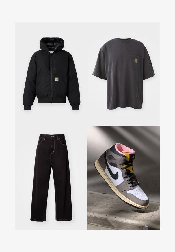 Sort Carhartt hættetrøje med frontlynlås, kengurulomme, ribbede manchetter og logo-patch på lommen.; Sort bomulds T-shirt med korte ærmer, en rund halsudskæring og en venstre brystlomme med et firkantet logo-patch. Enkel og uudsmykket design.; Sort denim brede bukser med kontrastsyninger, fem-lomme design og frontlukning med knap. Glat tekstur og holdbart stof.; Høj-top Nike Air Jordan sneaker i hvid, grå og sort med pink indvendigt og gul tunge, placeret på en betonoverflade.