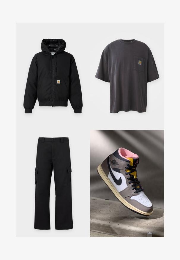 Veste à capuche Carhartt noire avec fermeture éclair à l'avant, poche kangourou, poignets côtelés et patch logo sur la poche.; T-shirt en coton noir à manches courtes, col rond et poche sur la poitrine gauche avec un patch logo carré. Design simple et sans ornement.; Pantalons cargo noirs avec une coupe droite. Fabriqués à partir d'un tissu durable, ils disposent de deux poches latérales avec fermetures à rabat et d'un zip à bouton.; Sneaker Nike Air Jordan montante en blanc, gris et noir avec un intérieur rose et une languette jaune, posé sur une surface en béton.