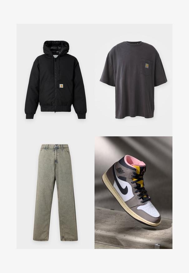 Jachetă cu glugă Carhartt de culoare neagră, cu fermoar frontal, buzunar tip kangaroo, manșete ribbate și patch cu logo pe buzunar.; Tricou negru din bumbac cu mâneci scurte, guler rotund și un buzunar pe piept stâng care prezintă un patch logo pătrat. Design simplu și fără decorațiuni.; Jeans din denim cu picioare largi, de culoare gri deschis, cu sistem de închidere cu nasture și design tradițional cu cinci buzunare, având detalii vizibile de cusătură.; Sneaker Nike Air Jordan de tip high-top, alb, gri și negru, cu interior roz și limbă galbenă, amplasat pe o suprafață din beton.