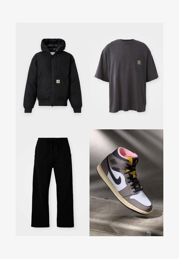 Casaco com capuz Carhartt preto, com fecho na frente, bolso tipo canguru, punhos canelados e patch do logo no bolso.; T-shirt de algodão preto com mangas curtas, decote redondo e bolso no peito esquerdo com um emblema quadrado. Design simples e sem adornos.; Calças pretas com cintura elástica e cordão ajustável, pernas largas e uma textura de algodão suave. Sem padrões ou detalhes em metal visíveis.; Tênis Nike Air Jordan de cano alto em branco, cinza e preto com interior rosa e língua amarela, posicionados sobre uma superfície de concreto.