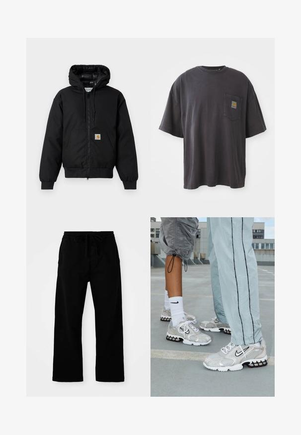 Svart Carhartt-jacka med huva, frontdragkedja, känguruficka, ribbad mudd och logotyp-patch på fickan.; Svart bomullströja med korta ärmar, rund halsringning och en vänster bröstficka med en fyrkantig logotypklistermärke. Enkel och avskalad design.; Svarta, elastiska byxor med justerbar dragsko, vida ben och en mjuk bomullstextur. Inga synliga mönster eller hårdvarudetaljer.; Nike träningsskor i silverfärgad nätmaterial, med vita snören, en svart swoosh-logotyp och en sula med luftkuddar i svart och röd.