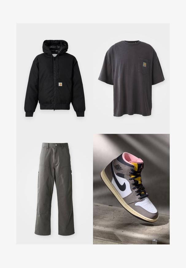 Veste à capuche Carhartt noire avec fermeture éclair à l'avant, poche kangourou, poignets côtelés et patch logo sur la poche.; T-shirt en coton noir à manches courtes, col rond et poche sur la poitrine gauche avec un patch logo carré. Design simple et sans ornement.; Pantalons cargo gris au design droit, dotés de deux poches avant et de poches latérales supplémentaires pour le rangement. Fabriqués en tissu durable.; Sneaker Nike Air Jordan montante en blanc, gris et noir avec un intérieur rose et une languette jaune, posé sur une surface en béton.