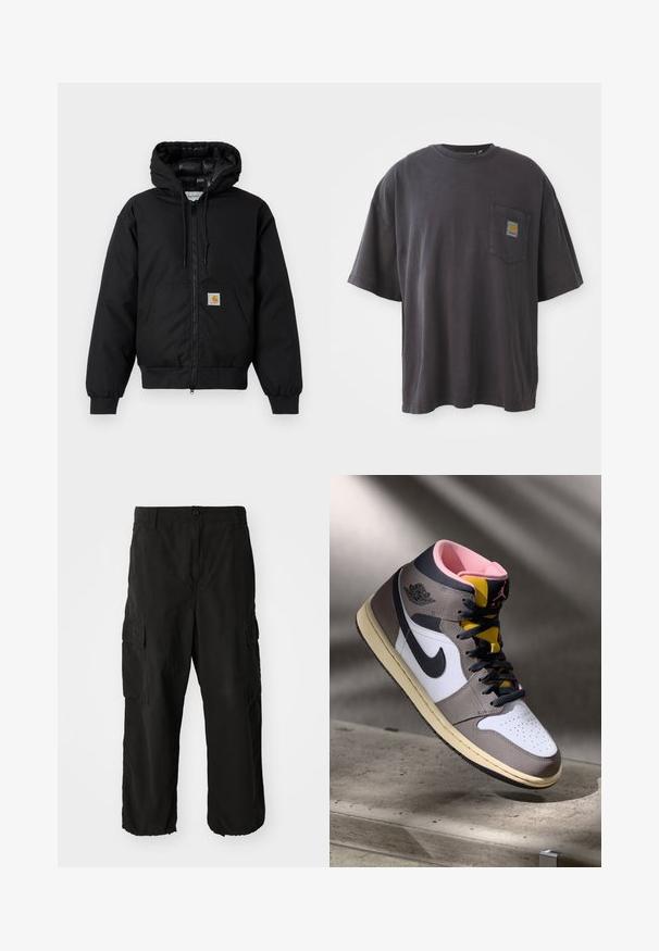 Must värvi Carhartt kapuutsiga jakk, millel on ees viis zipperit, känguru tasku, soonikkoes varrukad ja logo patch taskul.; Mustad must t-särk lühikeste varrukatega, ümar kaelus ja vasakul rinnal tasku ruudukujulise logoplaadi näitega. Lihtne ja ilma embellishmentsita disain.; Mustad mustad püksid, mis on tehtud pehmest kangast, laia lõikega, küljetaskute ja nööbiga kinnitusega. Alumine äär on alt keeratud.; Valged, hallid ja mustad kõrged Nike Air Jordani sneakers, roosa sisetallaga ja kollase keelega, asetatud betoonpinnale.