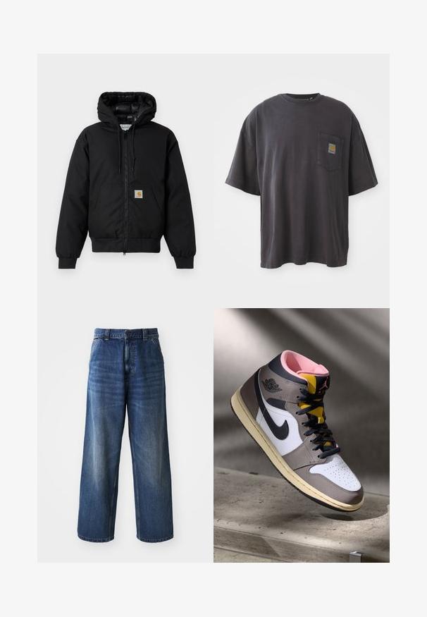 Black Carhartt hooded jacket with front zipper, kangaroo pocket, ribbed cuffs, and logo patch on pocket.; Black cotton t-shirt with short sleeves, a round neckline, and a left chest pocket featuring a square logo patch. Simple and unembellished design.; High-waisted blue denim jeans with a wide-leg design, featuring subtle fading, front pockets, and a button closure at the waist.; High-top Nike Air Jordan sneaker in white, grey, and black with pink interior and yellow tongue, positioned on a concrete surface.