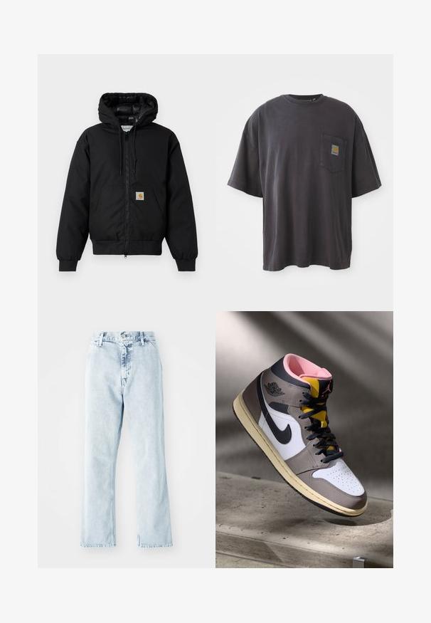 Must värvi Carhartt kapuutsiga jakk, millel on ees viis zipperit, känguru tasku, soonikkoes varrukad ja logo patch taskul.; Mustad must t-särk lühikeste varrukatega, ümar kaelus ja vasakul rinnal tasku ruudukujulise logoplaadi näitega. Lihtne ja ilma embellishmentsita disain.; Siled sinine teksapüksid sirge jalaga, kõrge vöökohaga, viie taskuga ja nööbiga kinnitusega. Kogu ulatuses pleekinud tekstuur.; Valged, hallid ja mustad kõrged Nike Air Jordani sneakers, roosa sisetallaga ja kollase keelega, asetatud betoonpinnale.