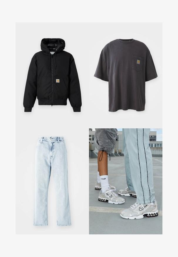 Casaco com capuz Carhartt preto, com fecho na frente, bolso tipo canguru, punhos canelados e patch do logo no bolso.; T-shirt de algodão preto com mangas curtas, decote redondo e bolso no peito esquerdo com um emblema quadrado. Design simples e sem adornos.; Jeans de ganga de cor azul clara com um corte de perna reta, apresentando uma cintura alta, cinco bolsos e um fecho de botão. Textura desbotada por todo o tecido.; Ténis de desporto Nike em material de malha prateada, com atacadores brancos, um logo Swoosh preto e uma sola de amortecimento em negro e vermelho.