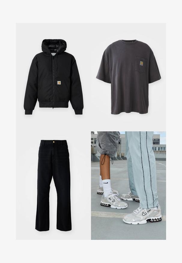 Czarna, bawełniana kurtka z kapturem Carhartt z przednim zamkiem błyskawicznym, kieszenią kangurką, ściągaczami przy mankietach oraz naszywką z logo na kieszeni.; Czarna bawełniana koszulka z krótkim rękawem, okrągłym dekoltem i kieszenią na lewej piersi z kwadratową łatką logo. Prosty i nieozdobiony design.; Czarne dżinsy o luźnym kroju, z złotym guzikiem, pięcioma kieszeniami i prostymi nogawkami. Gładka tekstura.; Buty sportowe Nike w srebrnej siateczce, z białymi sznurowadłami, czarnym logo swoosh oraz czarną i czerwoną podeszwą z poduszką powietrzną.