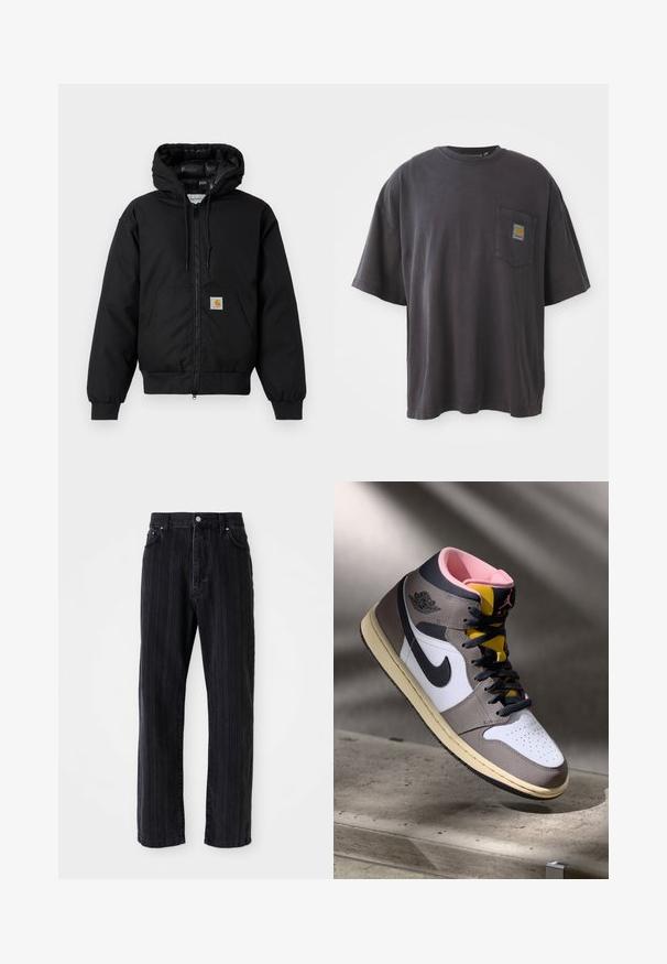 Jachetă cu glugă Carhartt de culoare neagră, cu fermoar frontal, buzunar tip kangaroo, manșete ribbate și patch cu logo pe buzunar.; Tricou negru din bumbac cu mâneci scurte, guler rotund și un buzunar pe piept stâng care prezintă un patch logo pătrat. Design simplu și fără decorațiuni.; Jeans negre din denim cu dungi verticale, design drept, buzunare frontale și închidere cu nasture. Textură netedă și culoare uniformă.; Sneaker Nike Air Jordan de tip high-top, alb, gri și negru, cu interior roz și limbă galbenă, amplasat pe o suprafață din beton.