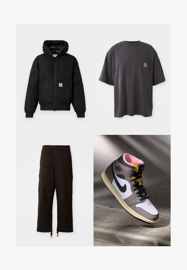 Black Carhartt hooded jacket with front zipper, kangaroo pocket, ribbed cuffs, and logo patch on pocket.; Black cotton t-shirt with short sleeves, a round neckline, and a left chest pocket featuring a square logo patch. Simple and unembellished design.; Black cargo pants with a relaxed fit, featuring two side pockets, a button closure, and adjustable drawstrings at the hem.; High-top Nike Air Jordan sneaker in white, grey, and black with pink interior and yellow tongue, positioned on a concrete surface.