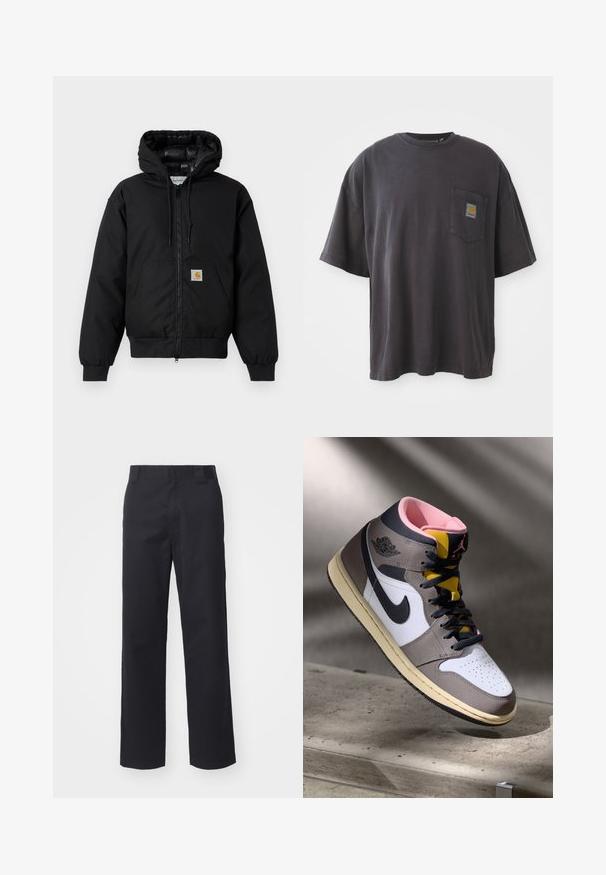 Schwarze Carhartt Kapuzenjacke mit Frontreißverschluss, Kängurutasche, gerippten Bündchen und Logopatch auf der Tasche.; Schwarzes Baumwoll-T-Shirt mit kurzen Ärmeln, rundem Halsausschnitt und einer linken Brusttasche mit einem quadratischen Logo-Patch. Schlichtes und unauffälliges Design.; Schwarze gerade geschnittene Hose aus einem Baumwollmischgewebe. Verfügt über einen flachen Bund mit Gürtelschlaufen und keinerlei sichtbare Hardware oder Verzierungen.; Hohe Nike Air Jordan Sneaker in Weiß, Grau und Schwarz mit pinkem Innenfutter und gelber Zunge, auf einer Betontfläche platziert.