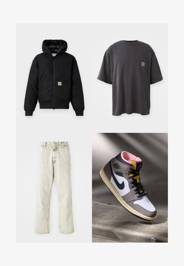 Casaco com capuz Carhartt preto, com fecho na frente, bolso tipo canguru, punhos canelados e patch do logo no bolso.; T-shirt de algodão preto com mangas curtas, decote redondo e bolso no peito esquerdo com um emblema quadrado. Design simples e sem adornos.; Calças de denim cinza claro com um design de perna reta, fecho de botão e passadores de cinto. Apresentam uma textura subtil e detalhes de costura minimalistas.; Tênis Nike Air Jordan de cano alto em branco, cinza e preto com interior rosa e língua amarela, posicionados sobre uma superfície de concreto.