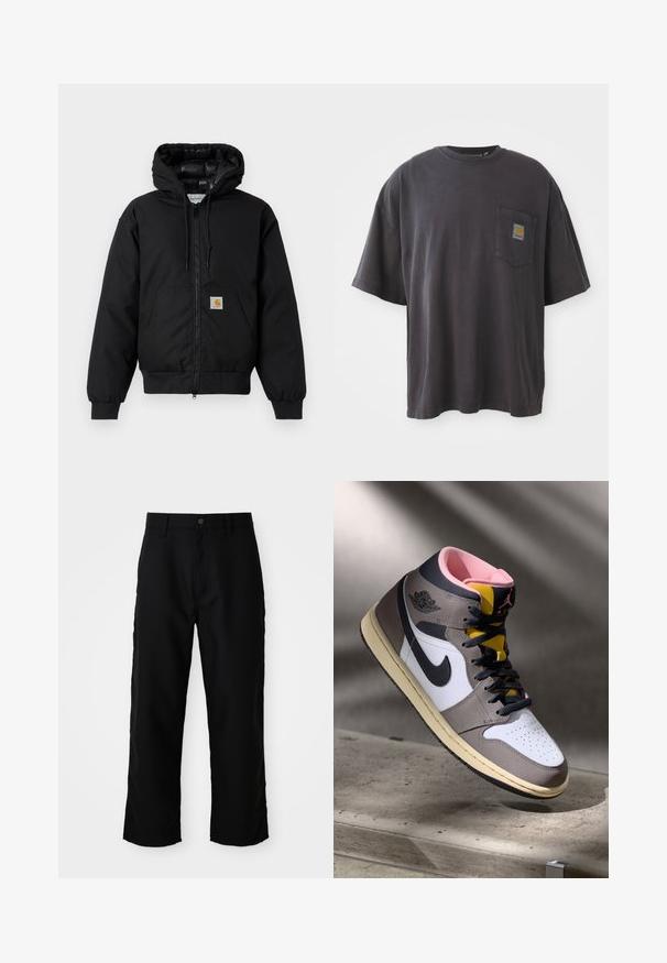 Schwarze Carhartt Kapuzenjacke mit Frontreißverschluss, Kängurutasche, gerippten Bündchen und Logopatch auf der Tasche.; Schwarzes Baumwoll-T-Shirt mit kurzen Ärmeln, rundem Halsausschnitt und einer linken Brusttasche mit einem quadratischen Logo-Patch. Schlichtes und unauffälliges Design.; Schwarze gerade geschnittene Hose mit Gürtelschlaufen, vorderem Knopf und Reißverschluss auf hellem, einfarbigem Hintergrund.; Hohe Nike Air Jordan Sneaker in Weiß, Grau und Schwarz mit pinkem Innenfutter und gelber Zunge, auf einer Betontfläche platziert.
