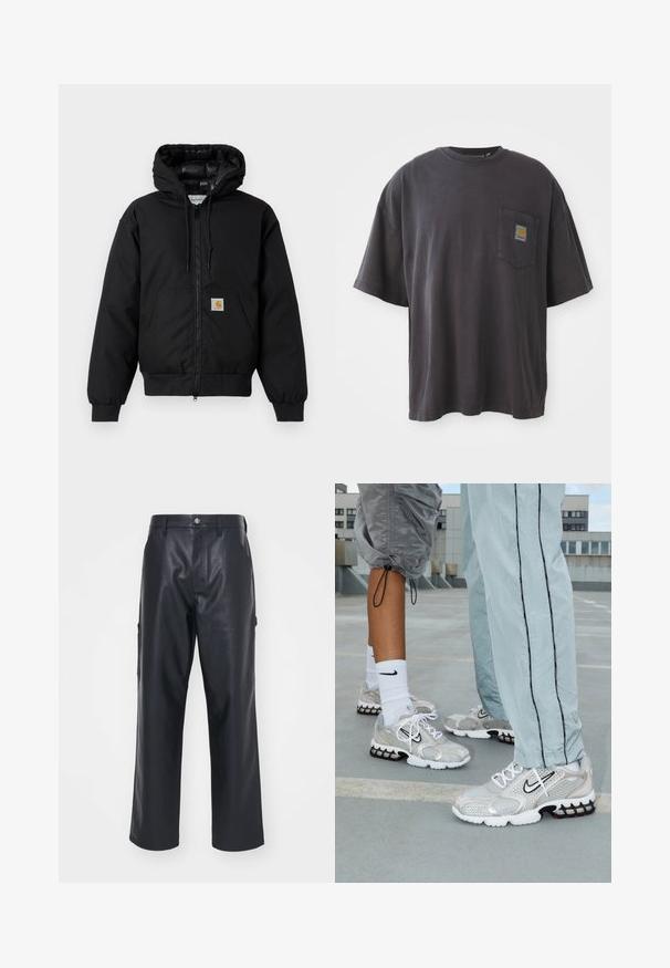 Black Carhartt hooded jacket with front zipper, kangaroo pocket, ribbed cuffs, and logo patch on pocket.; Black cotton t-shirt with short sleeves, a round neckline, and a left chest pocket featuring a square logo patch. Simple and unembellished design.; Black leather trousers with a smooth texture, wide-leg cut, and side pockets. Features a button closure and belt loops.; Nike athletic shoes in a silver mesh material, featuring white laces, a black swoosh logo, and a black and red air cushioning sole.