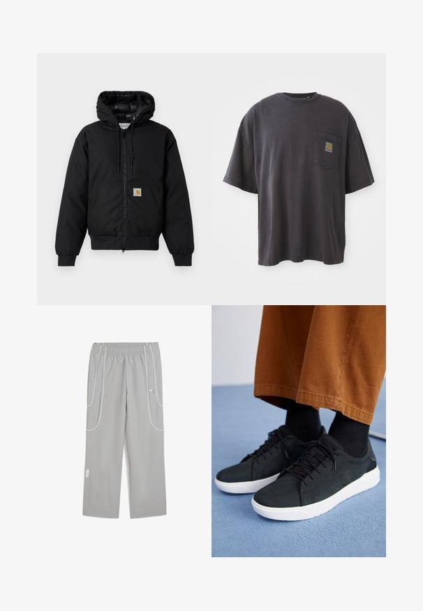 Sort Carhartt hættetrøje med frontlynlås, kengurulomme, ribbede manchetter og logo-patch på lommen.; Sort bomulds T-shirt med korte ærmer, en rund halsudskæring og en venstre brystlomme med et firkantet logo-patch. Enkel og uudsmykket design.; Lys grå elastisk talje joggebukser med hvide piping-detaljer og Puma-logo på øverste lår, løs pasform og lige ben.; Sorte ruskinds sneakers med hvide gummisulder, med snørebånd-design, teksturerede detaljer og diskret branding, parret med brune bukser.