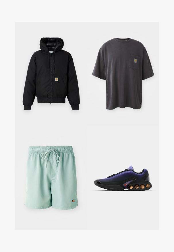 Casaco com capuz Carhartt preto, com fecho na frente, bolso tipo canguru, punhos canelados e patch do logo no bolso.; T-shirt de algodão preto com mangas curtas, decote redondo e bolso no peito esquerdo com um emblema quadrado. Design simples e sem adornos.; Calções de banho verde-claro com cintura elástica e cordão, apresentando um pequeno logotipo bordado no canto inferior direito. Textura suave.; Nike Sportswear AIR MAX DN SE - Sapatilhas - medium violet/total orange/voltage purple/black