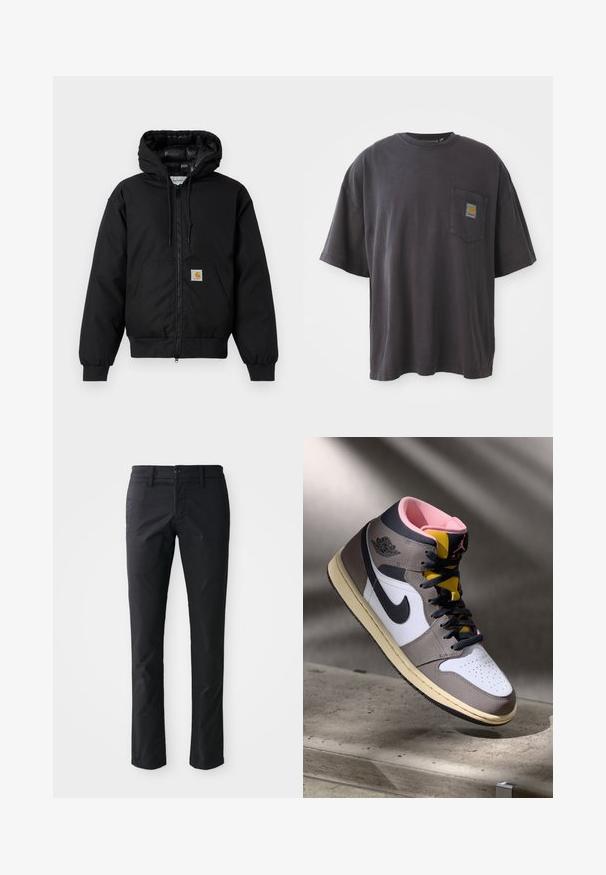 Black Carhartt hooded jacket with front zipper, kangaroo pocket, ribbed cuffs, and logo patch on pocket.; Black cotton t-shirt with short sleeves, a round neckline, and a left chest pocket featuring a square logo patch. Simple and unembellished design.; Black straight-leg trousers made of smooth fabric with a single button closure and belt loops. Minimalist design with no visible patterns.; High-top Nike Air Jordan sneaker in white, grey, and black with pink interior and yellow tongue, positioned on a concrete surface.
