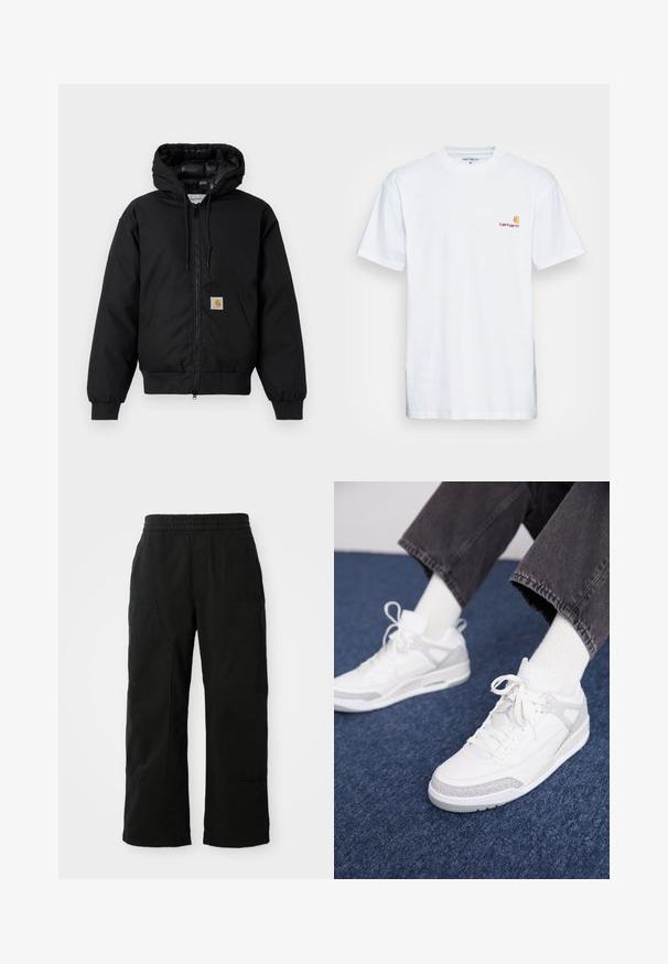 Črna Carhartt kapuca s sprednjim zadrgo, kenguru žepom, rebrastimi manšetami in logotipom na žepu.; Bela bombažna majica s kratkimi rokavi. Zasnovana z majhnim oranžnim in maroon logotipom na levem prsnem delu. Ima klasičen okrogle izrez.; Črne bombažne hlače z elastičnim pasom, širokim krojem in velikimi stranskimi žepi. Tkanina se zdi mehka s gladko teksturo.; Bela tenisa z dolgimi sivimi detajli, teksturiranimi paneli in oblazinjenim jezikom. Šnure so zavezane; kombinirana z rebrastimi belimi nogavicami in temnosivimi hlačami.