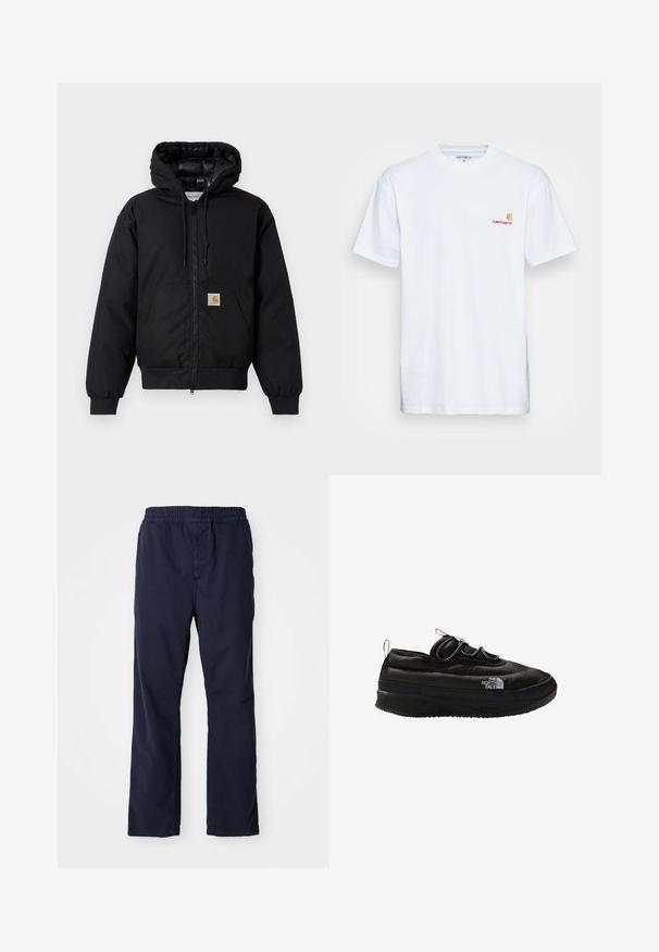 Chaqueta con capucha Carhartt negra, con cremallera frontal, bolsillo tipo canguro, puños de canalé y parche con el logo en el bolsillo.; Camiseta de algodón blanca de manga corta. Diseñada con un pequeño logotipo naranja y marrón en el lado izquierdo del pecho. Presenta un cuello redondo clásico.; Pantalones de algodón azul marino con cintura elástica, diseño de pierna recta y detalles de costura sutiles. Textura suave, sin bolsillos visibles.; The North Face NSE LOW - Zapatillas - black