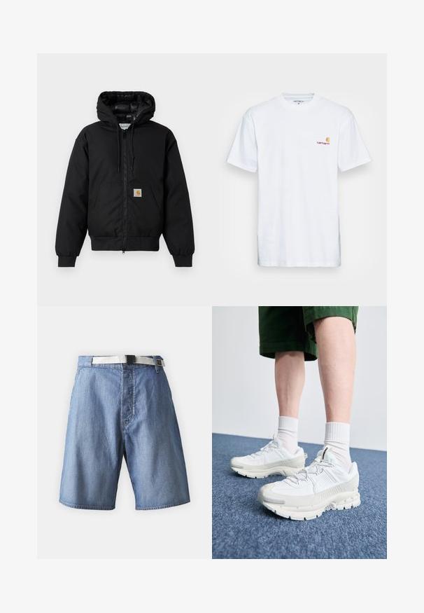Jachetă cu glugă Carhartt de culoare neagră, cu fermoar frontal, buzunar tip kangaroo, manșete ribbate și patch cu logo pe buzunar.; Tricou alb din bumbac, cu mâneci scurte. Creat cu un mic logo portocaliu și bordo pe pieptul stâng. Prezintă un gât rotund clasic.; Șorturi din denim de culoare albastru deschis, cu un tiv cu un curea albă și o cataramă neagră, cu detalii de cusătură și o croială lejeră.; Pantofi sport albi cu suprapuneri texturate, talpă masivă și accente gri. Purtați cu șosete albe până la glezne și pantaloni scurți verzi pe o suprafață albastră.