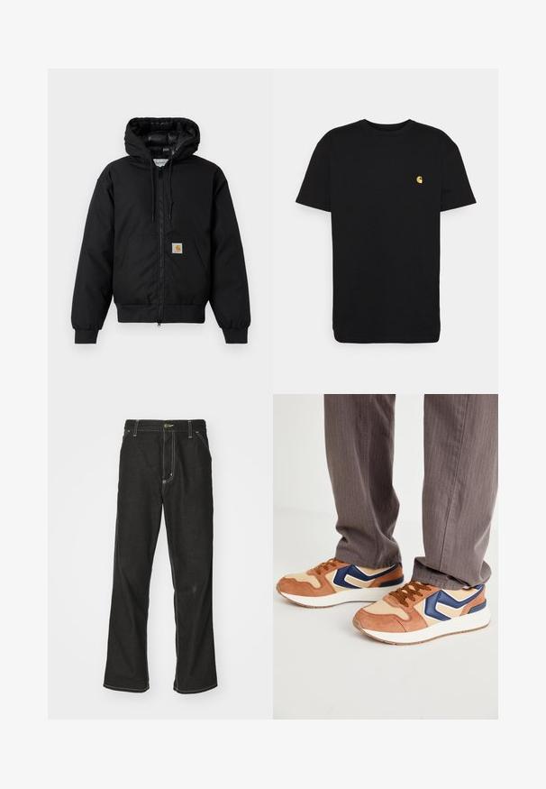 Juodas Carhartt džemperis su gobtuvu, priekiniais užtrauktukais, kengūros kišene, raibstais rankogalviais ir logotipo pleistru kišenėje.; Juodas medvilnės marškinėliai trumpomis rankovėmis, apvaliu kaklu ir maža geltona logo kairėje krūtinės pusėje. Paprastas dizainas ir įprasta apimtis.; Juodi džinsai su laisvu siluetu, turintys kontrastingas balto siūlo siūles, mygtuko uždarymą ir tiesų kojos dizainą.; Sportbačiai, pagaminti iš šviesiai rudos zomšos ir kremiško sintetinio materiaus, su mėlynu akcentu ir tekstūruotu padu; rudos batas; derinami su pilkomis dryžuotomis kelnėmis.