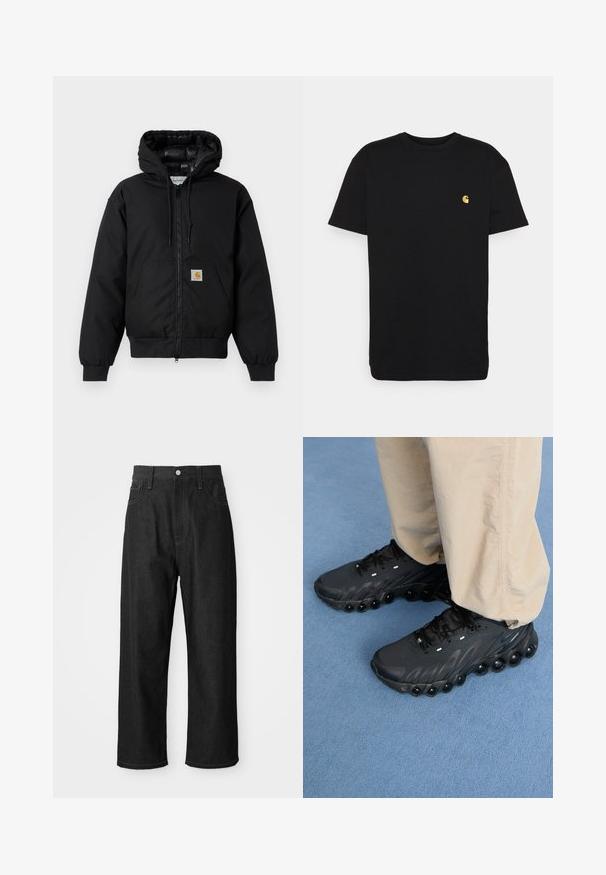 Melnā Carhartt kapuce jaka ar priekšējo rāvējslēdzēju, kangorūkas kabatu, ribotām piedurknēm un logotipa plāksteri uz kabatas.; Melna kokvilnas T-kreklā īsas piedurknes, apaļa apkakle un neliels dzeltenais logotips kreisajā krūtī. Vienkāršs dizains un parasta paveida.; Melnas džinsus bikses ar brīvu piegriezumu, augstu vidukli, rāvējslēdzēja aizdari un piecu kabatu dizainu. Redzama šuvju akcenti visā virsmā.; Melnas sporta kedas ar teksturētu virsmu, izliekto zoli un izteiksmīgām gaisa kapsulām apakšā. Aprīkotas ar šņorēm un atstarojošiem akcentiem.