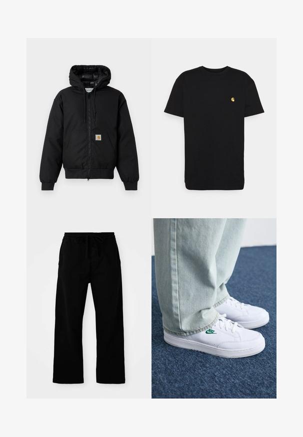 Juodas Carhartt džemperis su gobtuvu, priekiniais užtrauktukais, kengūros kišene, raibstais rankogalviais ir logotipo pleistru kišenėje.; Juodas medvilnės marškinėliai trumpomis rankovėmis, apvaliu kaklu ir maža geltona logo kairėje krūtinės pusėje. Paprastas dizainas ir įprasta apimtis.; Juodos elastinės kelnės su reguliuojama raišteliu, plačiomis kojomis ir švelnia medvilnės tekstūra. Nėra matomų raštų ar metalo detalių.; Balti odiniai sportbačiai su žaliu Nike logotipu, apvalia nosimi, plokščiu padu, derinami su šviesiai mėlynomis džinsinėmis kelnėmis, rodomi ant mėlynos kiliminės dangos.
