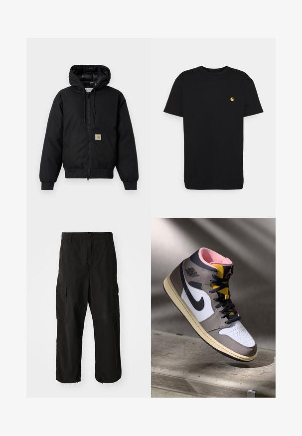 Melnā Carhartt kapuce jaka ar priekšējo rāvējslēdzēju, kangorūkas kabatu, ribotām piedurknēm un logotipa plāksteri uz kabatas.; Melna kokvilnas T-kreklā īsas piedurknes, apaļa apkakle un neliels dzeltenais logotips kreisajā krūtī. Vienkāršs dizains un parasta paveida.; Melni kravas bikses, izgatavotas no mīksta auduma, ar brīvu piegriezumu, sānu kabatām un pogas aizdari. Apakšējais malējais ir locīts.; Augstās Nike Air Jordan kedas baltā, pelēkā un melnā krāsā ar rozā iekšpusi un dzelteno mēli, novietotas uz betona virsmas.