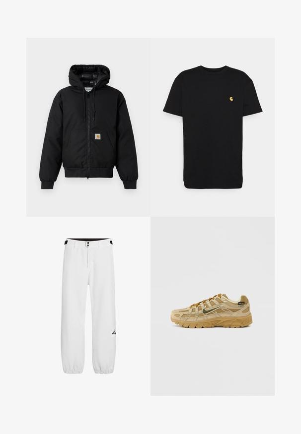 Casaco com capuz Carhartt preto, com fecho na frente, bolso tipo canguru, punhos canelados e patch do logo no bolso.; T-shirt de algodão preto com mangas curtas, decote redondo e um pequeno logótipo amarelo na área do peito esquerdo. Design simples e ajuste regular.; Calças brancas com uma cintura ajustada, dois botões metálicos e punhos elásticos. Apresenta um logótipo triangular na perna esquerda. Textura de tecido suave.; Tênis desportivo bege com painéis texturizados em camurça e malha, atacadores castanhos contrastantes e sola robusta de borracha. Apresenta um logótipo bem visível.