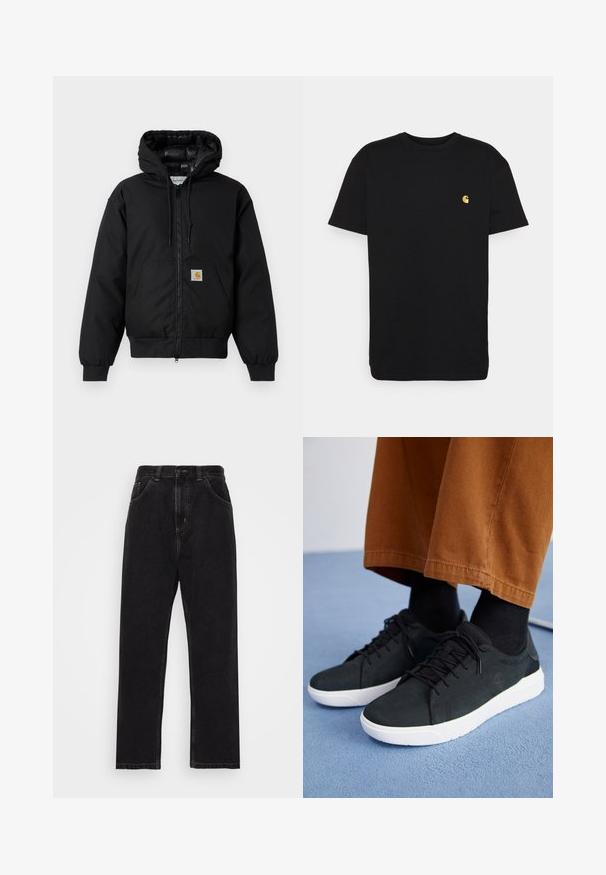 Black Carhartt hooded jacket with front zipper, kangaroo pocket, ribbed cuffs, and logo patch on pocket.; Black cotton t-shirt with short sleeves, crew neck, and a small yellow logo on the left chest area. Simple design and regular fit.; Black denim jeans with a straight leg design, featuring five pockets, a button and zipper closure, and contrasting yellow stitching.; Black suede sneakers with white rubber soles, featuring lace-up design, textured accents, and subtle branding, paired with brown pants.