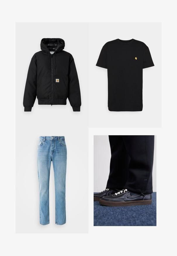 Chaqueta con capucha Carhartt negra, con cremallera frontal, bolsillo tipo canguro, puños de canalé y parche con el logo en el bolsillo.; Camiseta de algodón negra con mangas cortas, cuello redondo y un pequeño logo amarillo en el área del pecho izquierdo. Diseño simple y ajuste regular.; Vaqueros de mezclilla azul claro con un diseño de pierna recta, cinco bolsillos, cierre de botón y patrones de desvanecimiento sutiles en la tela.; Nike Sportswear KILLSHOT 2 LTR PRM OPP2 - Zapatillas - black sail baroque brown mtlc dk grey