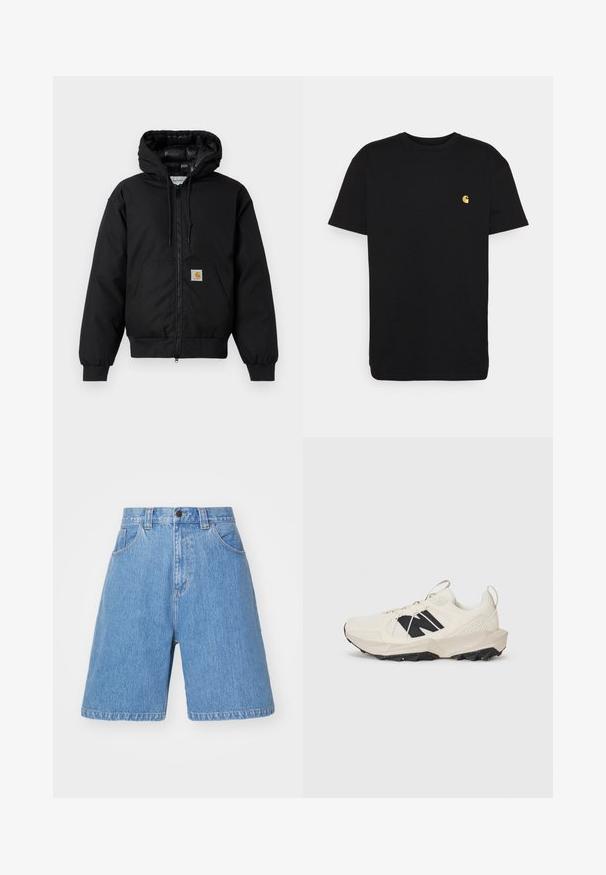 Czarna, bawełniana kurtka z kapturem Carhartt z przednim zamkiem błyskawicznym, kieszenią kangurką, ściągaczami przy mankietach oraz naszywką z logo na kieszeni.; Czarna bawełniana koszulka z krótkim rękawem, okrągłym dekoltem i małym żółtym logo na lewej piersi. Prosty design i regularny krój.; Jasnoniebieskie szorty dżinsowe o luźnym kroju, wysoki stan, pięć kieszeni i delikatne wyblaknięcia. Posiadają zapięcie na guzik oraz szlufki na pasek.; Jasnobeżowe sneakersy z siateczkową cholewką, czarnym logo i teksturowaną podeszwą. Akcentowane geometrią wzoru na śródpodeszwie.