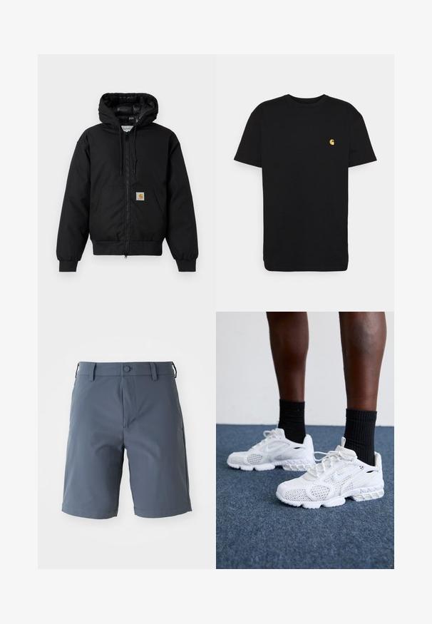 Black Carhartt hooded jacket with front zipper, kangaroo pocket, ribbed cuffs, and logo patch on pocket.; Black cotton t-shirt with short sleeves, crew neck, and a small yellow logo on the left chest area. Simple design and regular fit.; Gray, knee-length shorts made from lightweight fabric; features a button closure, belt loops, and side pockets with a smooth texture.; White athletic shoes with mesh upper, textured accents, and cushioned sole. Paired with black ribbed ankle socks on a blue carpeted surface.