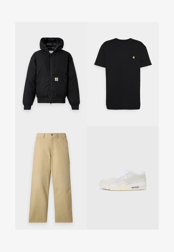 Svart Carhartt-jacka med huva, frontdragkedja, känguruficka, ribbad mudd och logotyp-patch på fickan.; Svart bomulls t-shirt med korta ärmar, rundad halsringning och en liten gul logga på vänster bröstområde. Enkel design och vanlig passform.; Khaki bomullsbyxor med rak passform, featuring vita korsstygn på knälagningar och en framknappstängning.; Sneakers med en ljusbeige syntetisk ovandel, vita snörningar och synlig dämpning. Har en slät sula och subtila sidodetaljer.