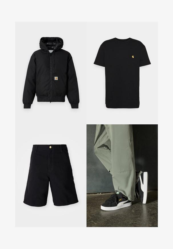 Giacca a zip nera Carhartt con cappuccio, tasca a marsupio, polsini a coste e patch con logo sulla tasca.; T-shirt nera in cotone con maniche corte, colletto rotondo e un piccolo logo giallo sulla zona sinistra del petto. Design semplice e vestibilità regolare.; Shorts in denim nero con chiusura a bottoni, caratterizzati da un taglio dritto, tasche laterali e cuciture rinforzate per una maggiore durata.; Sneaker in suede nero con suole in gomma bianca e strisce laterali, abbinate a pantaloni cargo verde chiaro, in piedi su una superficie scura e texture.