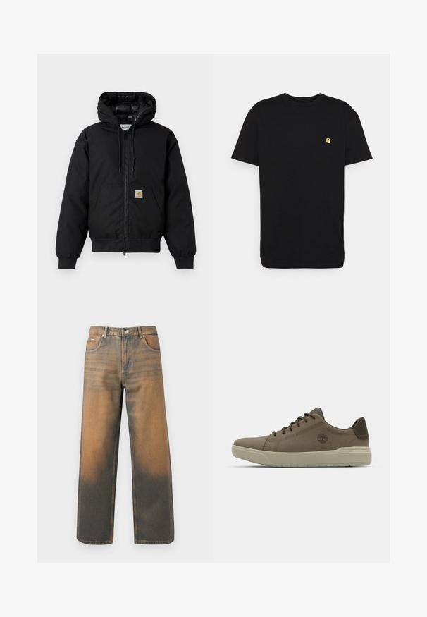 Fekete Carhartt kapucnis dzseki elöl cipzárral, kenguruzsebbel, bordás mandzsettákkal és logóval ellátott zsebbel.; Fekete pamut póló rövid ujjakkal, kerek nyakkal és egy kis sárga logóval a bal mellkasi részen. Egyszerű dizájn és normál illeszkedés.; Széles lábú farmernadrág kopott kék és barna denimből. Jellemzői a magas derék, az elülső zsebek, és egy klasszikus gombos záródás fémes díszítéssel.; Barna bőr sneakers alacsony profilú, gumitalppal és zöld kiegészítőkkel; oldalt logóval és textúrázott panelek a tapadás érdekében.